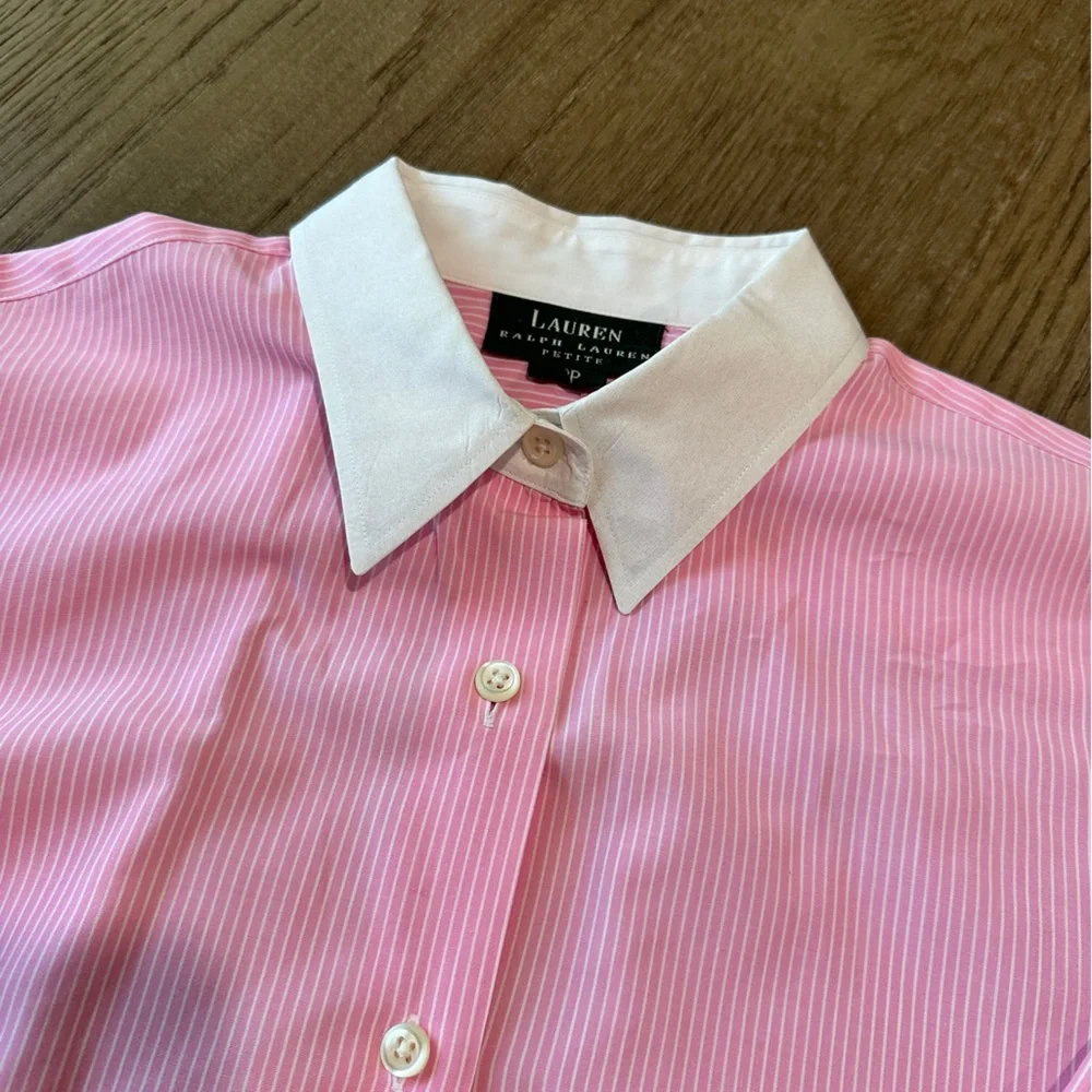 Lauren Ralph Lauren Petite 12 Classic Button Down Blouse Pink & White Striped - Picture 4 of 10
